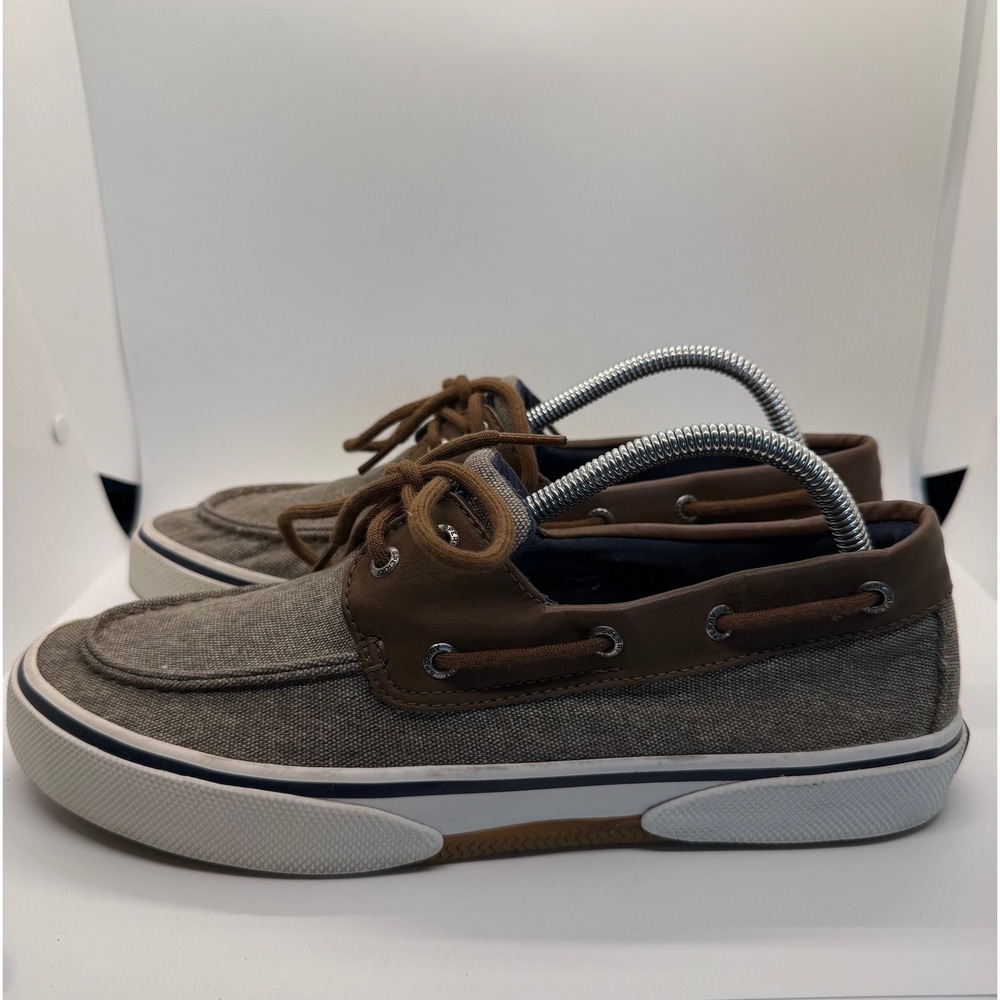 Sperry Bahama II Boat Shoes Mens 9 Brown Tan Canvas Leather Sneakers STS21489